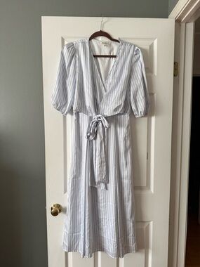 Light Blue Striped Wrap Midi Dress with Tie Waist - Unknown Brand